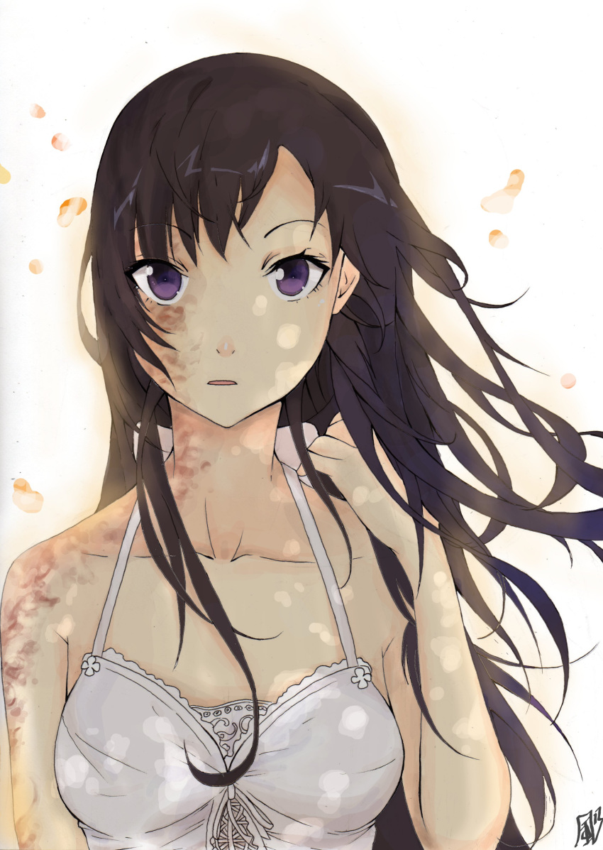 1girl absurdres artist_request black_hair burn_scar dress highres ikezawa_hanako katawa_shoujo open_mouth solo violet_eyes visible_ears white_dress