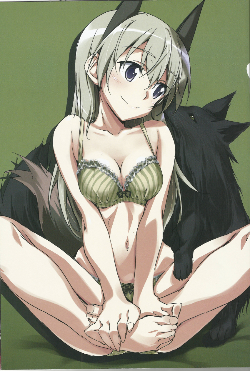 1girl absurdres animal_ears barefoot blonde_hair blush bra breasts butterfly_sitting cleavage eila_ilmatar_juutilainen feet fox fox_ears fox_tail green_background hands_on_feet highres kurashima_tomoyasu panties scan simple_background smile strike_witches tail underwear violet_eyes world_witches_series
