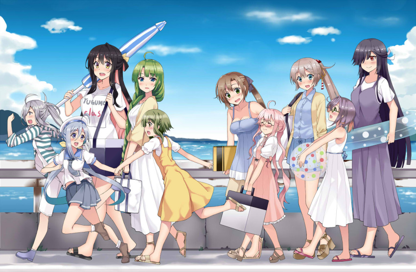 6+girls :d ahoge akigumo_(kantai_collection) alternate_breast_size alternate_costume ankle_boots asashimo_(kantai_collection) bag ball bangs bare_arms bare_shoulders beach_umbrella beachball beret black_hair blue_dress blue_eyes blue_hair blue_ribbon blue_skirt blue_sky blunt_bangs blush book boots bow box braid breasts carrying carrying_over_shoulder casual cleavage closed_eyes closed_umbrella clothes_writing clouds coast collarbone collared_shirt day dress eye_contact eyebrows eyebrows_visible_through_hair female flip-flops frilled_dress frills from_side full-face_blush full_body glasses green-framed_eyewear green_eyes green_hair hair_bow hair_over_one_eye hair_over_shoulder hair_ribbon handbag hat hayashimo_(kantai_collection) height_difference high_heels holding holding_ball holding_book holding_hands horizon horizontal_stripes innertube jacket kantai_collection kazagumo_(kantai_collection) kiyoshimo_(kantai_collection) kusano_(torisukerabasu) layered_skirt long_dress long_hair long_ponytail long_sleeves looking_afar looking_at_another looking_at_viewer looking_back looking_down looking_to_the_side looking_up low_twintails makigumo_(kantai_collection) md5_mismatch medium_breasts multicolored_hair multiple_girls naganami_(kantai_collection) neckerchief no_socks ocean okinami_(kantai_collection) open_clothes open_jacket open_mouth outdoors outstretched_arm over_shoulder pants path pink_dress pink_hair pleated_dress pleated_skirt polka_dot ponytail puffy_short_sleeves puffy_sleeves purple_boots purple_bow purple_dress railing red_eyes ribbon rimless_glasses road round_teeth running rust sailor_collar sandals school_uniform serafuku shirt shore short_hair short_hair_with_long_locks short_sleeves shorts sidelocks silver_hair single_braid sketchbook skirt sky sleeveless sleeveless_dress sleeves_past_elbows sleeves_rolled_up smile socks striped striped_jacket summer sundress surprised takanami_(kantai_collection) tareme teeth transparent twintails two-tone_hair umbrella v_arms very_long_hair walking water wavy_hair white_dress white_legwear white_pants white_ribbon white_shirt white_shorts wince wing_collar yellow_dress yellow_eyes yellow_jacket yellow_ribbon yuugumo_(kantai_collection)