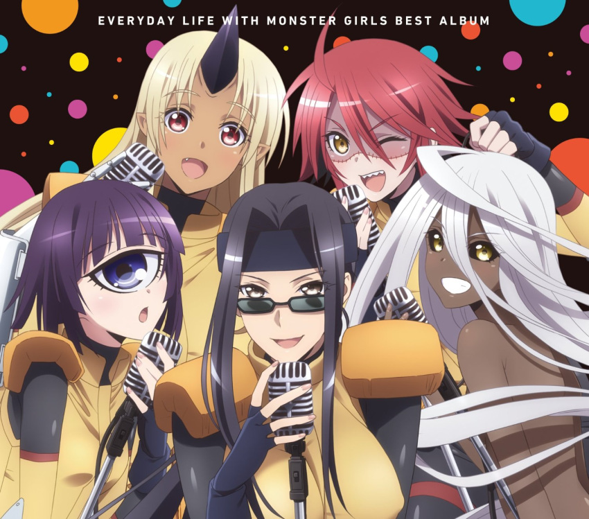 5girls ahoge album_cover black_hair black_sclera blonde_hair blue_eyes breasts copyright_name cover cyclops dark_skin doppel_(monster_musume) doppelganger eyebrows eyebrows_visible_through_hair eyes_visible_through_hair fang fingerless_gloves gloves grin headband highres horn large_breasts long_hair manako monster_girl monster_musume_no_iru_nichijou ms._smith multiple_girls music nude official_art ogre one-eyed one_eye_closed open_mouth pointy_ears purple_hair red_eyes redhead sharp_teeth singing small_breasts smile stitches sunglasses teeth tionishia uniform very_long_hair white_hair yellow_eyes zombie zombina