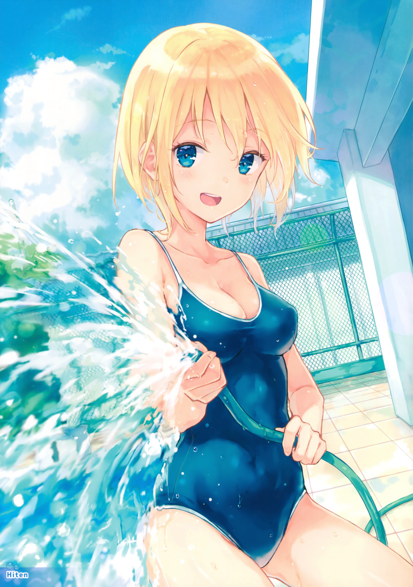 1girl :d absurdres blonde_hair blue_eyes breasts chain-link_fence cleavage covered_navel cowboy_shot dutch_angle fence highres hiten_goane_ryu hose medium_breasts new_school_swimsuit open_mouth original outdoors scan short_hair smile solo water wet