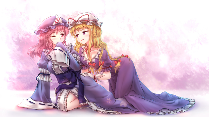 2girls :d ;) all_fours arm_garter arm_support bare_legs blonde_hair blue_dress blue_hat blush bow breasts closed_mouth collarbone dress eye_contact frilled_dress frilled_shirt_collar frilled_sleeves frills full_body hair_bow hand_on_another's_hip hand_to_own_mouth hands_in_sleeves hat hat_ornament hat_ribbon head_tilt highres juliet_sleeves long_hair long_sleeves looking_at_another looking_back low-tied_long_hair medium_breasts minust mob_cap multiple_girls one_eye_closed open_mouth puffy_short_sleeves puffy_sleeves purple_dress red_bow ribbon ribbon-trimmed_collar ribbon-trimmed_sleeves ribbon_trim saigyouji_yuyuko short_sleeves smile touhou triangular_headpiece very_long_hair wavy_hair white_hat wide_sleeves yakumo_yukari yuri