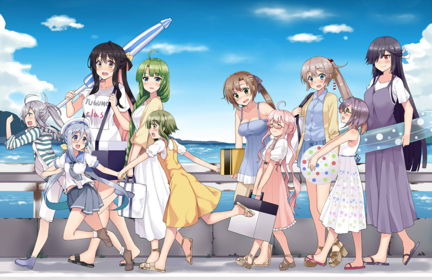 6+girls :d ahoge akigumo_(kantai_collection) alternate_breast_size alternate_costume ankle_boots asashimo_(kantai_collection) bag ball bangs bare_arms bare_shoulders beach_umbrella beachball beret black_hair blue_dress blue_eyes blue_hair blue_ribbon blue_skirt blue_sky blunt_bangs blush book boots bow box braid breasts carrying carrying_over_shoulder casual cleavage closed_eyes closed_umbrella clothes_writing clouds coast collarbone collared_shirt commentary_request day dress eye_contact eyebrows eyebrows_visible_through_hair flip-flops frilled_dress frills from_side full-face_blush full_body glasses green-framed_eyewear green_eyes green_hair hair_bow hair_over_one_eye hair_over_shoulder hair_ribbon handbag hat hayashimo_(kantai_collection) height_difference high_heels holding holding_ball holding_book holding_hands horizon horizontal_stripes innertube jacket kantai_collection kazagumo_(kantai_collection) kiyoshimo_(kantai_collection) kusano_(torisukerabasu) layered_skirt long_dress long_hair long_ponytail long_sleeves looking_afar looking_at_another looking_at_viewer looking_back looking_down looking_to_the_side looking_up low_twintails makigumo_(kantai_collection) medium_breasts multicolored_hair multiple_girls naganami_(kantai_collection) neckerchief no_socks ocean okinami_(kantai_collection) open_clothes open_jacket open_mouth outdoors outstretched_arm over_shoulder pants path pink_dress pink_hair pleated_dress pleated_skirt polka_dot ponytail puffy_short_sleeves puffy_sleeves purple_boots purple_bow purple_dress railing red_eyes revision ribbon rimless_glasses road round_teeth running rust sailor_collar sandals school_uniform serafuku shirt shore short_hair short_hair_with_long_locks short_sleeves shorts sidelocks silver_hair single_braid sketchbook skirt sky sleeveless sleeveless_dress sleeves_past_elbows sleeves_rolled_up smile socks striped striped_jacket summer sundress surprised takanami_(kantai_collection) tareme teeth transparent twintails two-tone_hair umbrella v_arms very_long_hair walking water wavy_hair white_dress white_legwear white_pants white_ribbon white_shirt white_shorts wince wing_collar yellow_dress yellow_eyes yellow_jacket yellow_ribbon yuugumo_(kantai_collection)