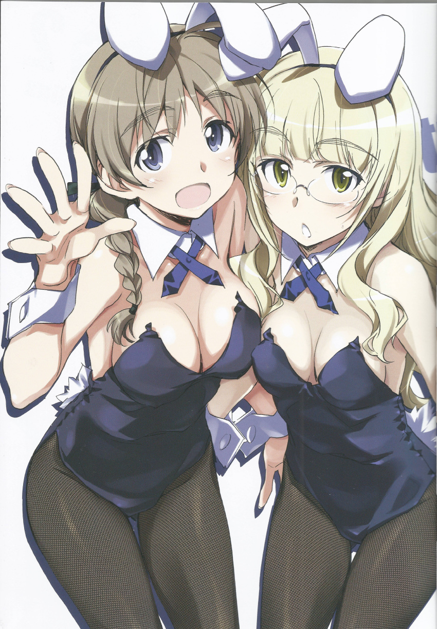 2girls absurdres animal_ears blonde_hair blue_eyes blush braid breasts bunny_girl bunnysuit cleavage glasses highres kurashima_tomoyasu light_brown_hair long_hair lynette_bishop multiple_girls open_mouth pantyhose perrine_h_clostermann rabbit_ears scan simple_background strike_witches tail white_background world_witches_series wrist_cuffs yellow_eyes