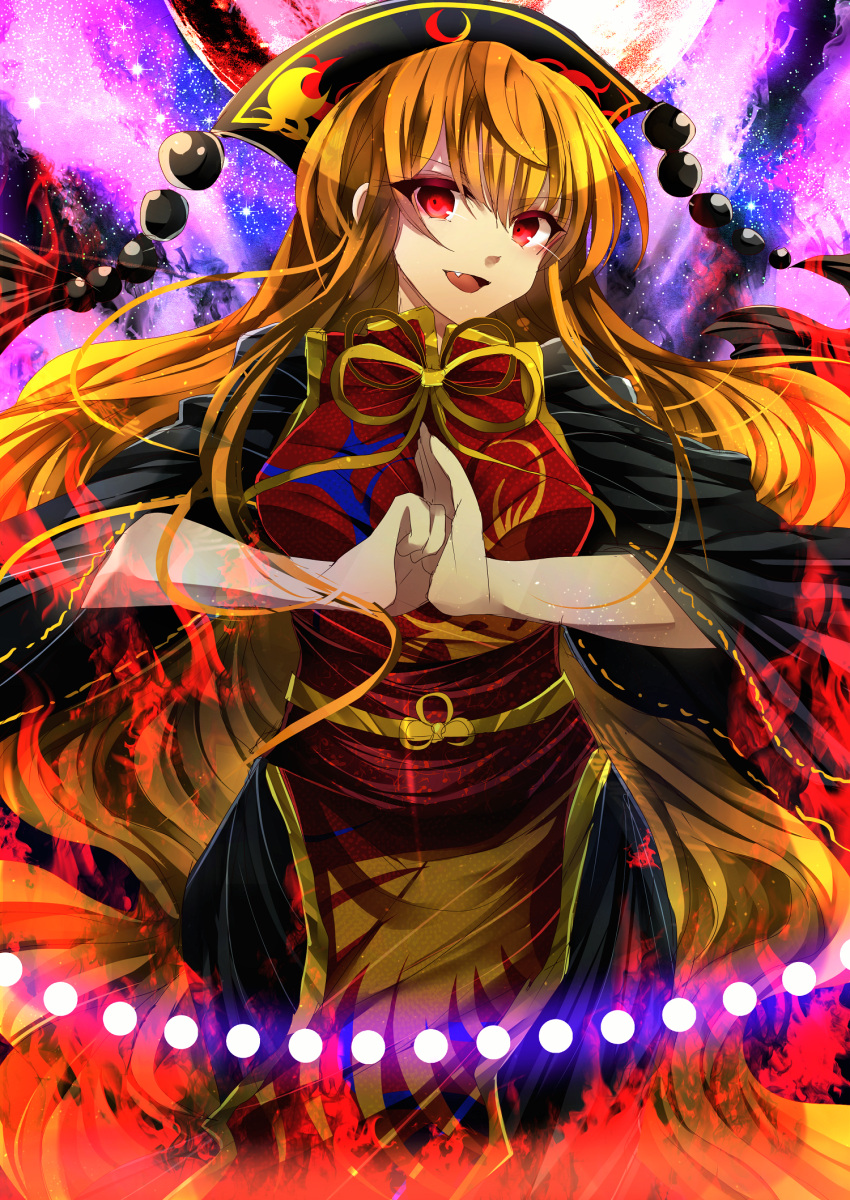 1girl bangs black_dress blonde_hair breasts chinese_clothes colored_eyelashes danmaku dress energy fang fire fist_in_hand floating_hair fox_tail full_moon hat highres hips junko_(touhou) light_trail long_hair long_sleeves looking_at_viewer medium_breasts moon multiple_tails open_mouth red_moon ribbon sameya side_glance solo space tabard tail touhou very_long_hair wide_sleeves