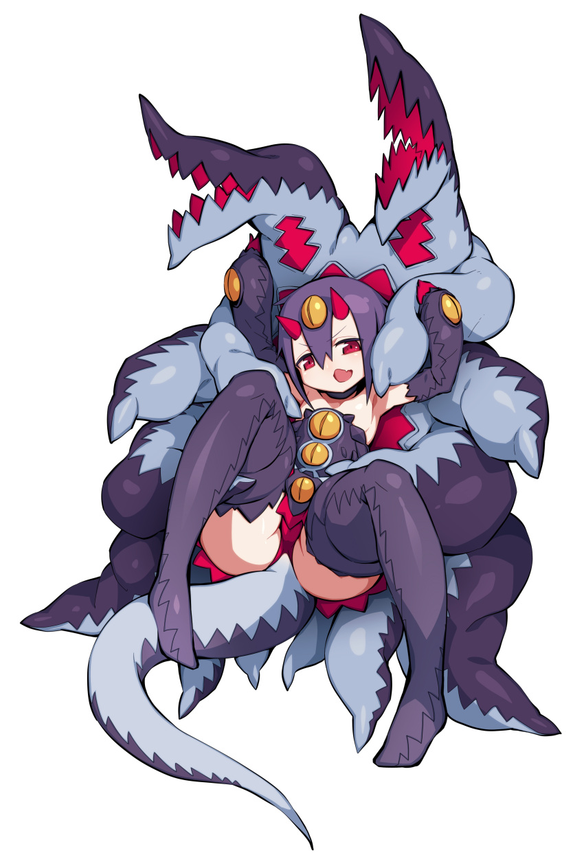 1girl absurdres artist_request boots choker desco_(disgaea) disgaea hair_between_eyes highres horns looking_at_viewer lying makai_senki_disgaea_4 monster_girl on_back open_mouth pointy_ears purple_boots purple_hair red_eyes short_hair solo thigh-highs thigh_boots