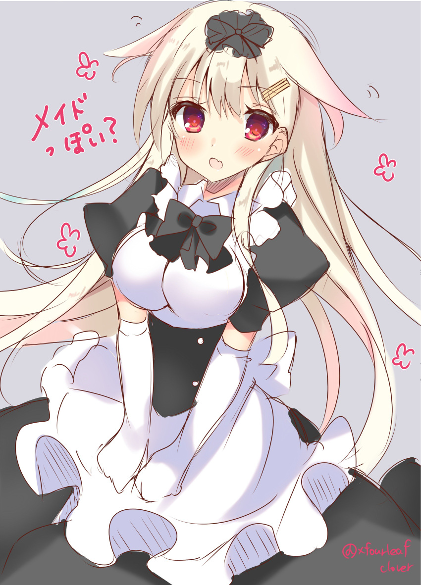 1girl absurdres alternate_costume bangs black_bow black_bowtie blonde_hair blush bow bowtie breasts cowboy_shot elbow_gloves enmaided eyebrows eyebrows_visible_through_hair fang gloves grey_background hair_flaps hair_ornament hairclip highres kantai_collection long_hair looking_at_viewer maid medium_breasts open_mouth puffy_short_sleeves puffy_sleeves red_eyes remodel_(kantai_collection) satsuki_mayuri short_sleeves sidelocks simple_background solo translated twitter_username white_gloves yuudachi_(kantai_collection)