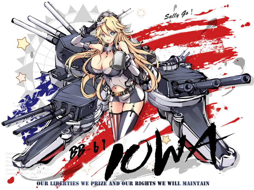 1girl american_flag blonde_hair blue_eyes breasts cannon compass_rose elbow_gloves english fingerless_gloves front-tie_top garter_straps gloves headgear huge_breasts iowa_(kantai_collection) kantai_collection machinery miniskirt ms06s salute skirt solo star star-shaped_pupils striped striped_legwear symbol-shaped_pupils thigh-highs vertical-striped_legwear vertical_stripes zettai_ryouiki