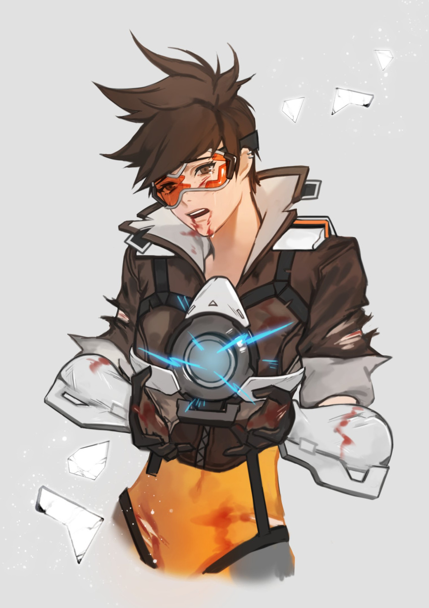1girl bangs blood blood_on_face bloody_clothes bodysuit bomber_jacket breasts broken_glasses brown_eyes brown_gloves brown_hair brown_jacket covered_navel fur_trim gloves goggles grey_background harness highres injury jacket leather leather_jacket neosnim open_mouth overwatch shards short_hair short_sleeves simple_background sleeves_rolled_up solo spiky_hair strap swept_bangs torn_clothes tracer_(overwatch) upper_body vambraces