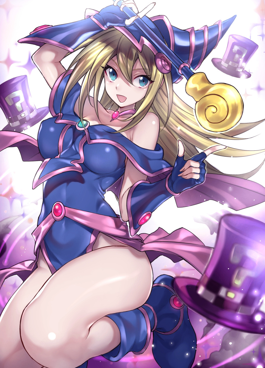 &gt;:d 1girl :d absurdres bare_shoulders bent_knees blonde_hair blue_boots blue_eyes blue_gloves blurry boots breasts choker commentary_request dark_magician_girl depth_of_field duel_monster fingerless_gloves gloves hat highres holding holding_staff large_breasts long_hair looking_at_viewer magical_hats maruchi open_mouth pentacle smile solo staff thighs wizard_hat yuu-gi-ou yuu-gi-ou_duel_monsters