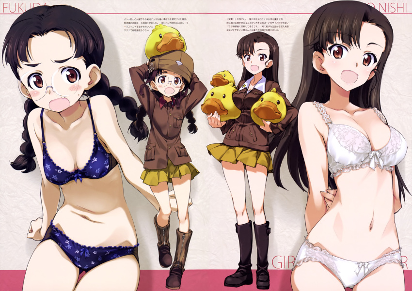 2girls :d absurdres arms_behind_head arms_up asymmetrical_bangs bangs bird blue_bra blue_panties blush boots bra braid breasts breasts_apart brown_boots brown_coat brown_hair clenched_hands coat collarbone duck floral_print fukuda_(girls_und_panzer) girls_und_panzer glasses hat head_tilt highres holding kurashima_tomoyasu lace lace-trimmed_bra lace-trimmed_panties long_hair looking_at_viewer medium_breasts multiple_girls navel nishi_kinuyo open_mouth panties parted_bangs pleated_skirt rimless_glasses scan school_uniform skirt smile star sweatdrop twin_braids underwear white_bra white_panties yellow_skirt