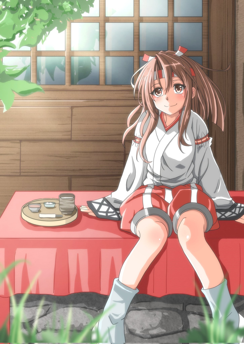 1girl brown_eyes commentary_request cup hakama hakama_shorts high_ponytail highres japanese_clothes kantai_collection long_hair red_shorts shorts sitting smile socks solo sosorin tabi tray white_socks window yunomi zuihou_(kancolle)