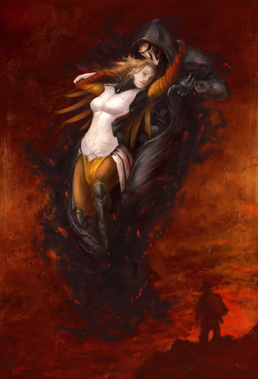 1girl 2boys arms_up blonde_hair blue_eyes bodysuit breasts brown_legwear closed_eyes clouds cloudy_sky commentary cowboy_hat face_mask fine_art_parody full_body hat high_ponytail highres hood hug hug_from_behind large_breasts lips long_hair mask mccree_(overwatch) mechanical_wings mercy_(overwatch) multiple_boys nose overwatch pantyhose parody pelvic_curtain ponytail reaper_(overwatch) red_sky sarah_slater silhouette sky trench_coat wings yellow_wings
