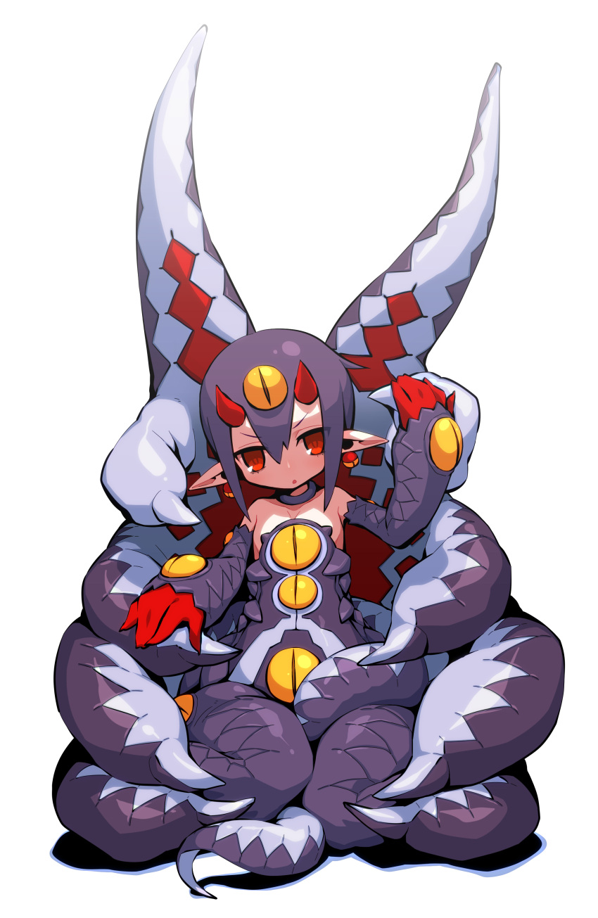 1girl absurdres artist_request bare_shoulders boots choker desco_(disgaea) disgaea earrings highres horns jewelry looking_at_viewer makai_senki_disgaea_4 monster_girl pointy_ears purple_boots purple_hair red_eyes short_hair sitting solo thigh-highs thigh_boots