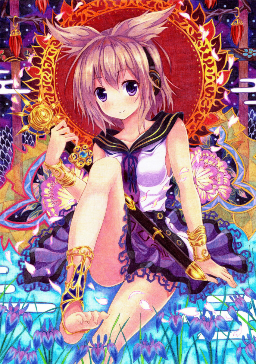 1girl anklet arm_support bare_shoulders barefoot blush bracelet brown_hair collarbone commentary_request earmuffs flower highres jewelry kittona looking_at_viewer millipen_(medium) petals pointy_hair purple_skirt scabbard sheath sheathed shirt short_hair sitting skirt sleeveless sleeveless_shirt smile solo sword touhou toyosatomimi_no_miko traditional_media violet_eyes watercolor_pencil_(medium) weapon white_shirt