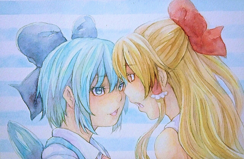 2girls alternate_hair_color bare_shoulders blonde_hair blue_background blue_eyes blue_hair cirno eye_contact face-to-face hair_ribbon hair_tubes hakurei_reimu half_updo head_to_head looking_at_another multiple_girls open_mouth ribbon short_hair striped striped_background touhou traditional_media upper_body watercolor_(medium) wings yellow_eyes yuyu_(00365676)