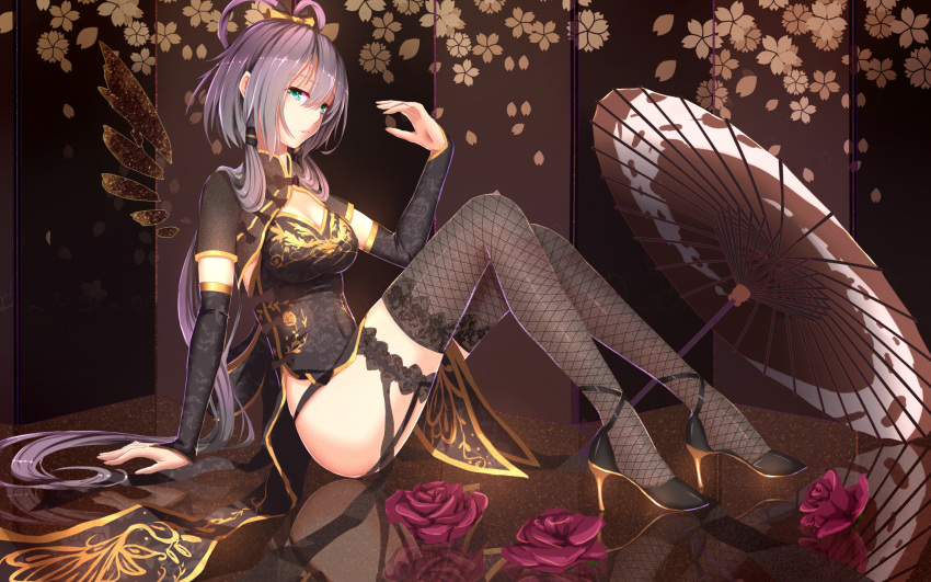 1girl arm_support bakanoe black_legwear black_ribbon bow breasts china_dress chinese_clothes cleavage detached_sleeves dress flower green_eyes hair_between_eyes hair_bow highres long_hair luo_tianyi medium_breasts oriental_umbrella purple_hair ribbon sitting solo thigh-highs umbrella vocaloid yellow_bow