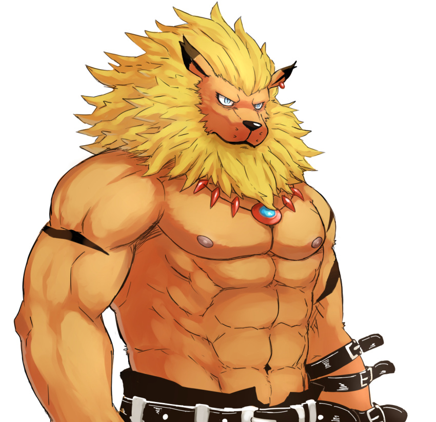 1boy abs animal_ears beardcat blue_eyes digimon digimon_tamers earrings furry highres jewelry leomon lion_ears necklace scar shirtless simple_background upper_body white_background