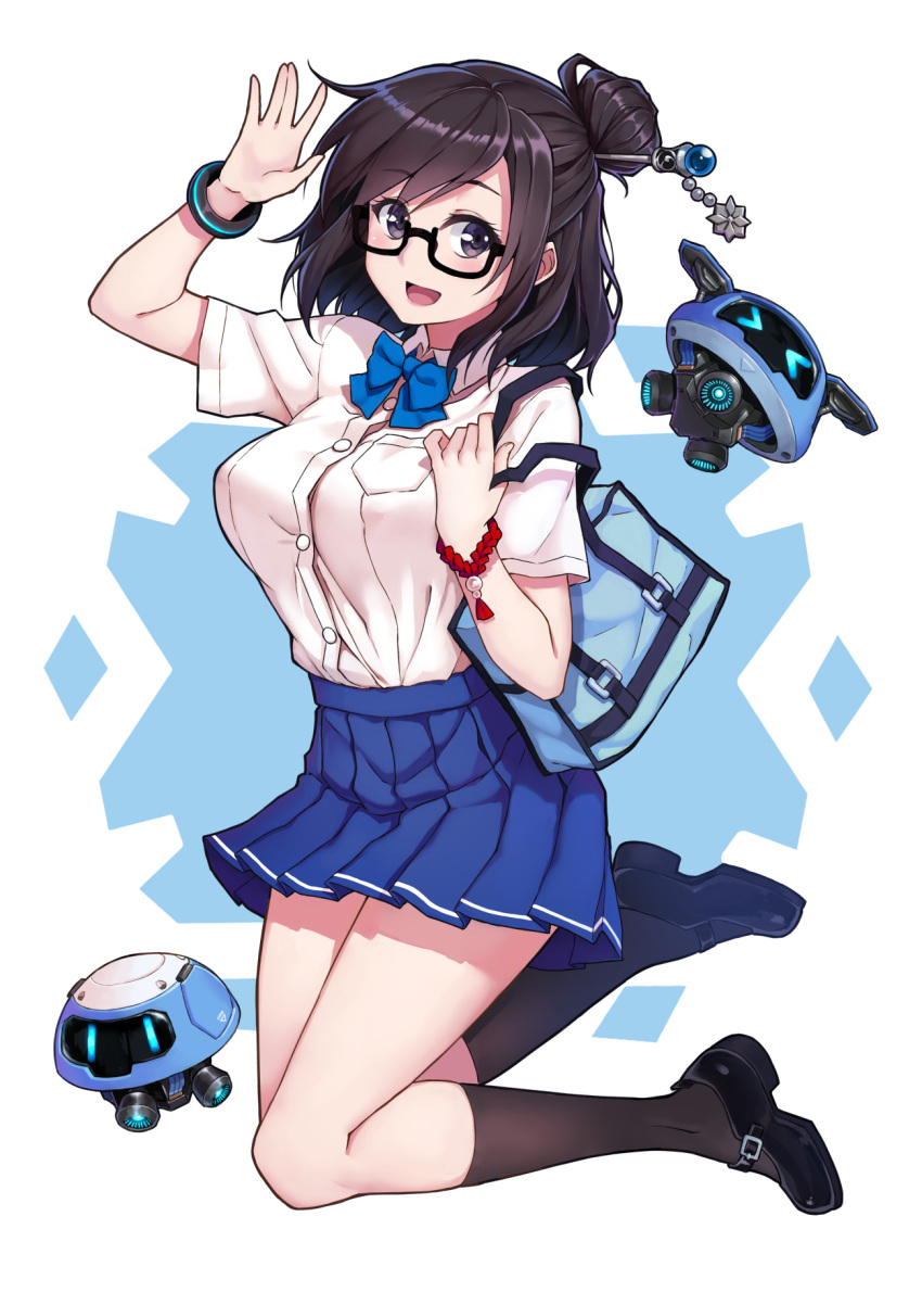 1girl :d bag bent_knees black-framed_eyewear black_eyes black_hair black_legwear black_shoes blue_bow blue_bowtie blue_skirt blush bow bowtie bracelet breasts drone full_body glasses hair_bun hair_ornament hair_stick highres jewelry large_breasts looking_at_viewer mary_janes mei_(overwatch) open_mouth overwatch pleated_skirt school_uniform semi-rimless_glasses shirt shoes short_sleeves skirt smile socks solo terras under-rim_glasses white_shirt