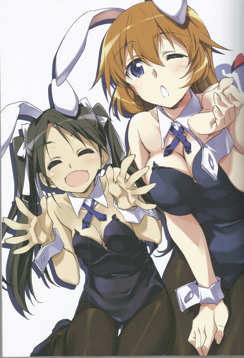 2girls absurdres animal_ears black_hair blue_eyes blush breasts bunny_girl bunnysuit charlotte_e_yeager cleavage closed_eyes francesca_lucchini hair_ribbon highres kurashima_tomoyasu large_breasts long_hair multiple_girls one_eye_closed open_mouth orange_hair pantyhose rabbit_ears ribbon scan simple_background strike_witches twintails white_background world_witches_series wrist_cuffs