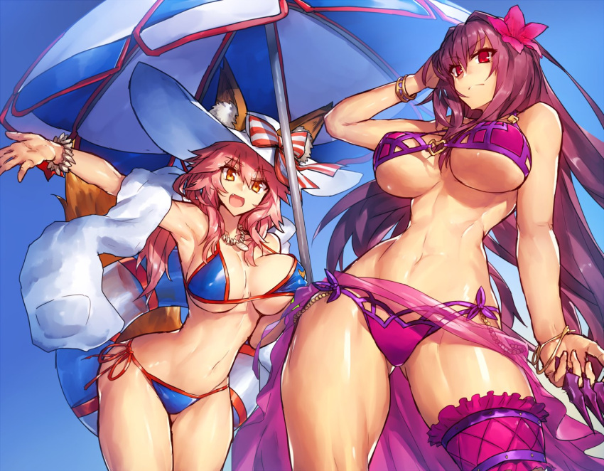 2girls :d animal_ears armpits beach_umbrella bikini blue_bikini bow bracelet breasts caster_(fate/extra) cleavage commentary_request cowboy_shot fate/grand_order fate_(series) flower fox_ears fox_girl fox_tail groin hair_flower hair_ornament hat hat_bow innertube jewelry large_breasts long_hair looking_at_viewer melon22 multiple_girls navel necklace open_mouth pink_hair purple_bikini purple_hair red_eyes sarong scathach_(fate/grand_order) side-tie_bikini sideboob smile striped striped_bow swimsuit tail umbrella under_boob very_long_hair white_hat yellow_eyes