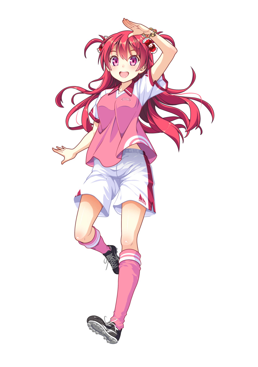 1girl :d absurdres aizaki_rumi arm_up artist_request bracelet checkerboard_cookie cookie food full_body highres jewelry long_hair looking_at_viewer open_mouth pink_eyes pink_hair shoes short_sleeves shorts smile sneakers soccer_uniform solo sportswear two_side_up venus_eleven_vivid!