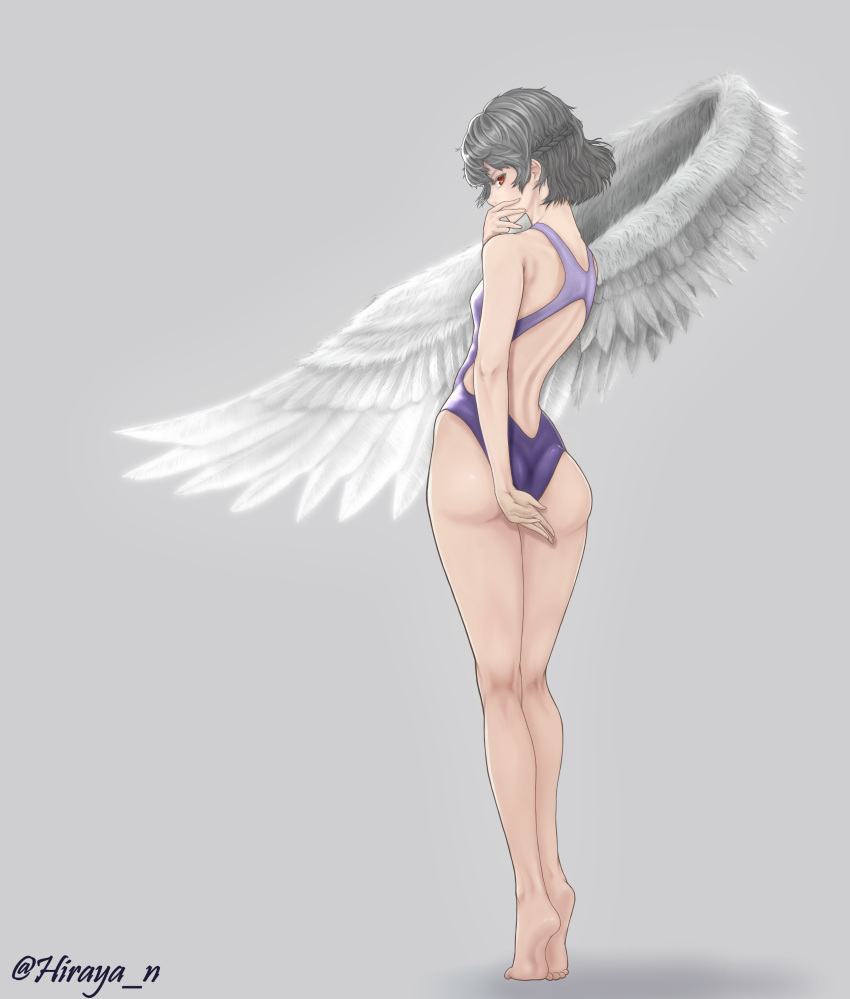 1girl absurdres alternate_costume arm_at_side artist_name ass bare_arms bare_legs bare_shoulders barefoot blush braid competition_swimsuit covering_mouth feathered_wings french_braid from_behind full_body grey_background grey_hair highres hiraya_n kishin_sagume kneepits looking_at_viewer looking_back no_legwear one-piece_swimsuit profile purple_swimsuit red_eyes short_hair simple_background single_wing skin_tight soles solo standing swimsuit touhou wings