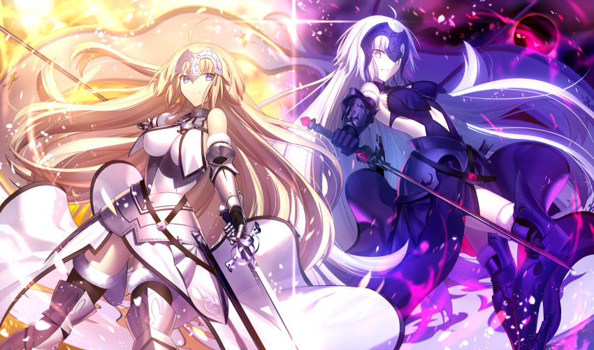 2girls armor blonde_hair breasts dark_persona fate/grand_order fate_(series) highres jeanne_alter large_breasts long_hair multiple_girls official_style ruler_(fate/apocrypha) ruler_(fate/grand_order) shinooji sideboob smile standard_bearer thigh-highs thighs