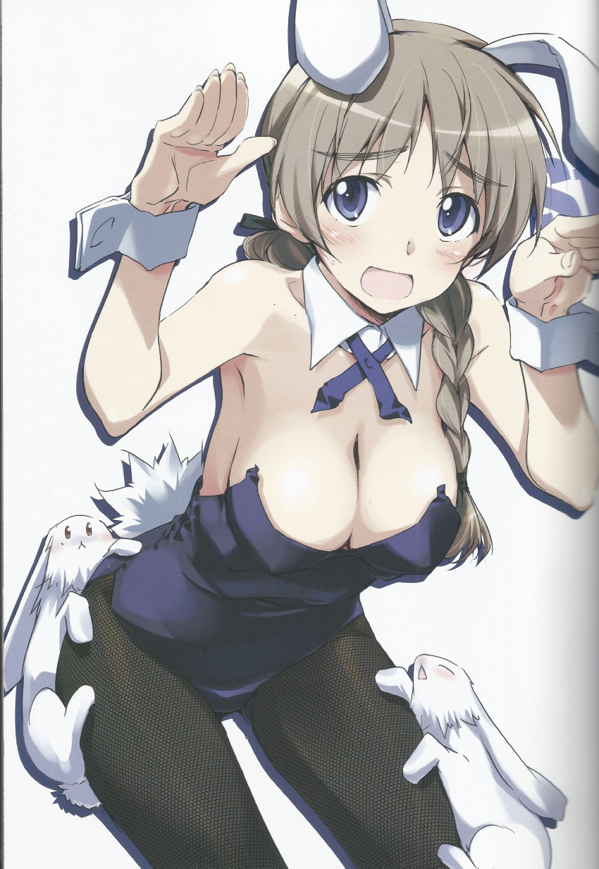 1girl absurdres animal_ears blue_eyes blush braid breasts bunny_girl bunny_pose bunnysuit cleavage highres kurashima_tomoyasu light_brown_hair lynette_bishop open_mouth pantyhose rabbit_ears scan simple_background solo strike_witches tail white_background world_witches_series wrist_cuffs
