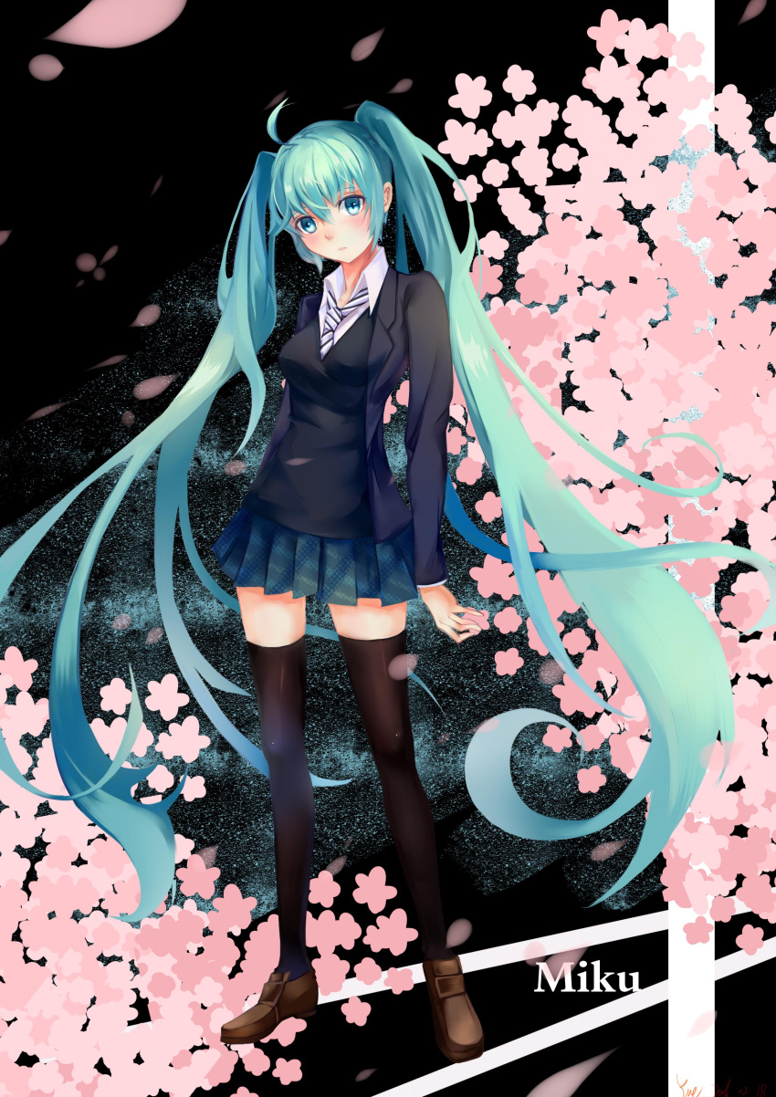 1girl absurdres ahoge aqua_eyes aqua_hair blush diagonal_stripes hatsune_miku highres loafers looking_at_viewer miniskirt necktie shinkai_shoujo_(vocaloid) shoes skindentation skirt solo suit_jacket thigh-highs thighs twintails vocaloid