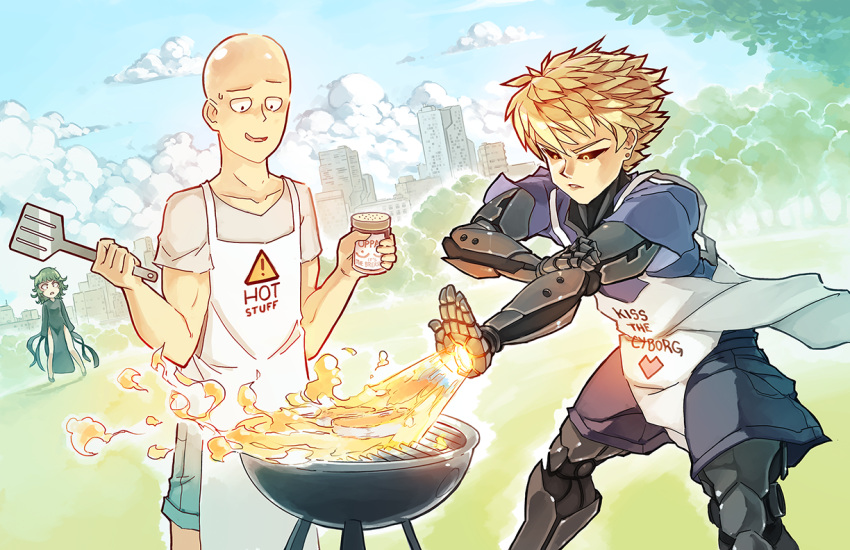 1girl 2boys apron bald black_sclera blonde_hair cityscape clothes_writing clouds collarbone commentary cyborg dutch_angle earrings fire food genos green_hair grill grilling jewelry multiple_boys one-punch_man outdoors rtil saitama_(one-punch_man) short_hair side_slit steak stud_earrings sweatdrop tatsumaki yellow_eyes