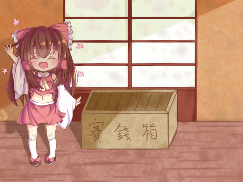 1girl arm_up bow box brown_hair child closed_eyes crop_top detached_sleeves donation_box hakurei_reimu japanese_clothes kneehighs long_hair midriff miko navel open_mouth outstretched_arms ribbon shoes skirt smile solo touhou waving white_legwear xue_ye younger
