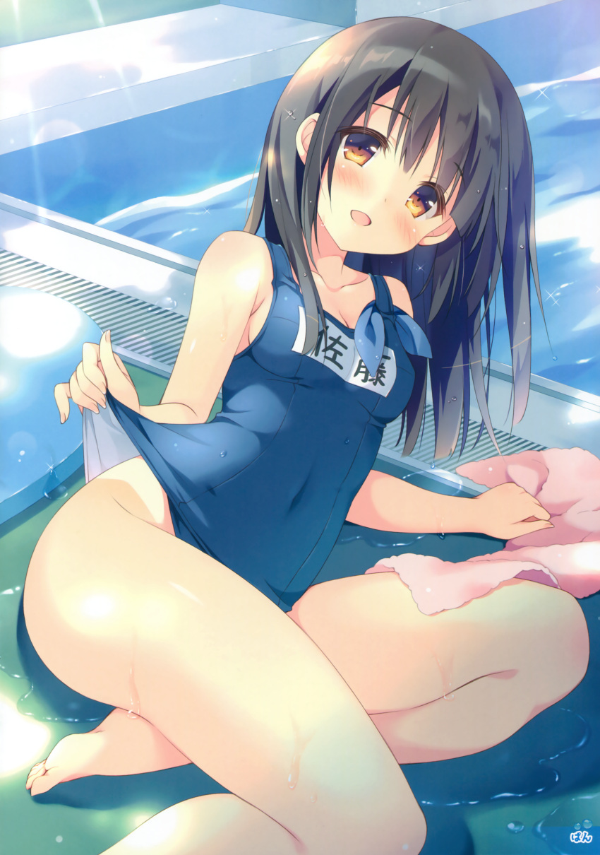 1girl absurdres bare_legs barefoot black_hair blush breasts brown_eyes cleavage covered_navel fingernails hair_over_breasts highres long_hair looking_at_viewer lying one-piece_tan original outdoors pan_(mimi) scan school_swimsuit sitting small_breasts smile solo sunlight swimsuit swimsuit_lift tan tanline towel water wet yokozuwari