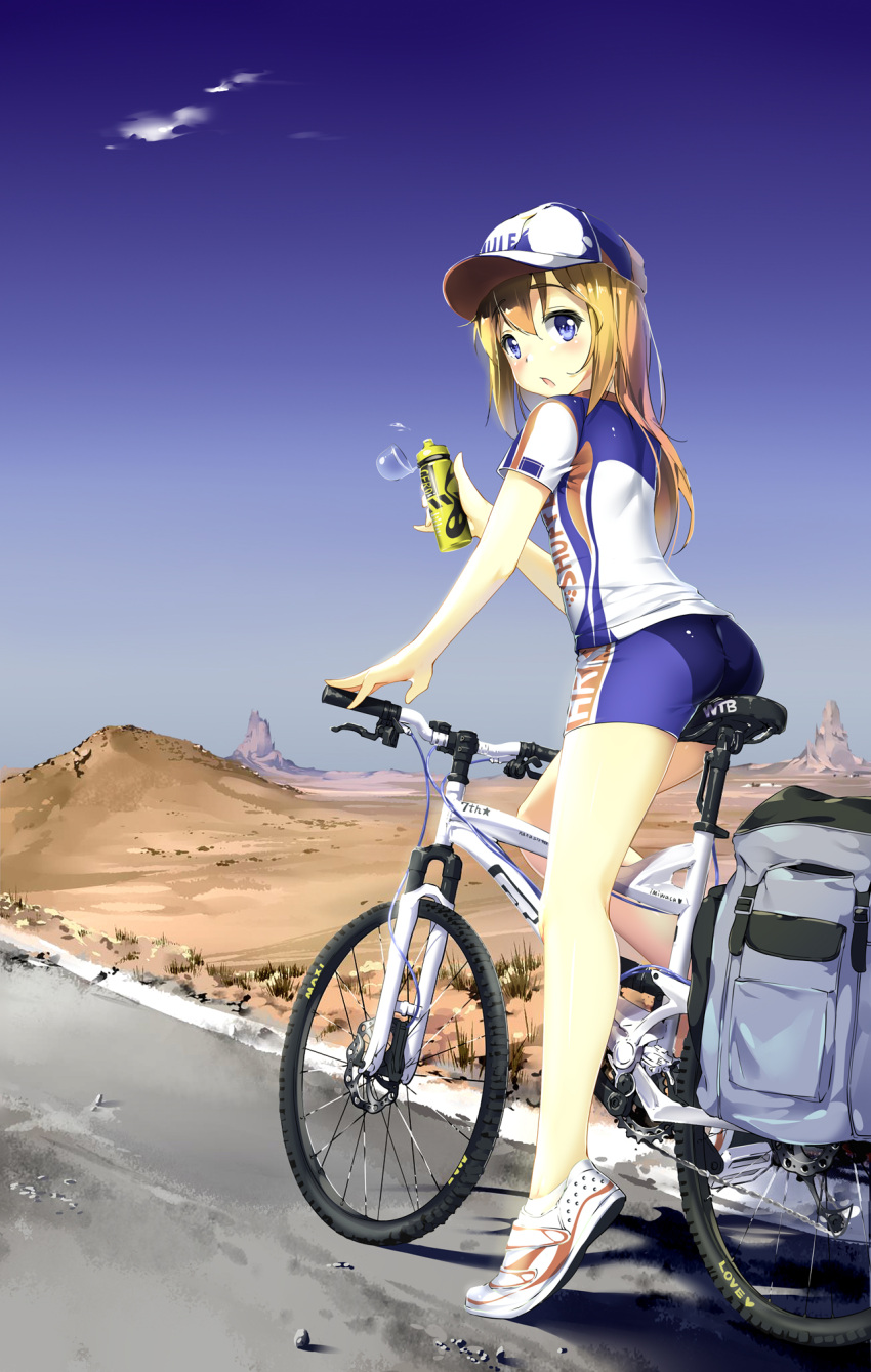 1girl ass baseball_cap bicycle bike_jersey bike_shorts blonde_hair blue_eyes blue_sky blush bottle clouds from_behind ground_vehicle hat highres long_hair looking_at_viewer looking_back open_mouth original outdoors riding road scenery shoes shuffle_(songdatiankong) sky sneakers solo water_bottle