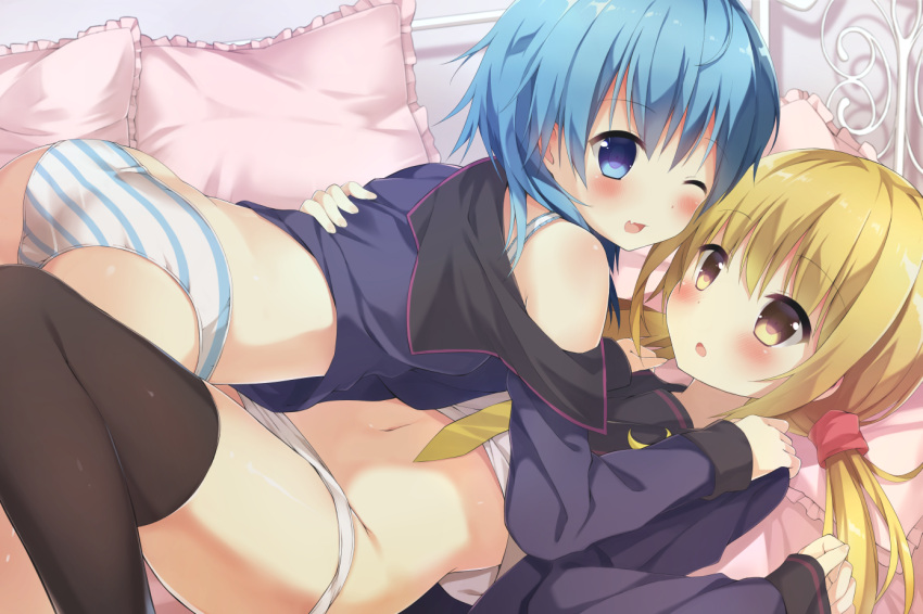 2girls :o ;d all_fours ass bed bed_sheet black_legwear blonde_hair blue_eyes blue_hair blush bra crescent crescent_moon_pin eyebrows eyebrows_visible_through_hair ezoshika_gg fang girl_on_top hair_ornament hands_on_another's_shoulders kantai_collection long_hair looking_at_another looking_at_viewer looking_back lying midriff minazuki_(kantai_collection) multiple_girls navel necktie off_shoulder on_back on_bed one_eye_closed open_mouth panties panty_pull pillow remodel_(kantai_collection) satsuki_(kantai_collection) school_uniform serafuku shirt_lift smile striped striped_panties thigh-highs twintails underwear white_bra white_panties yellow_eyes yellow_necktie