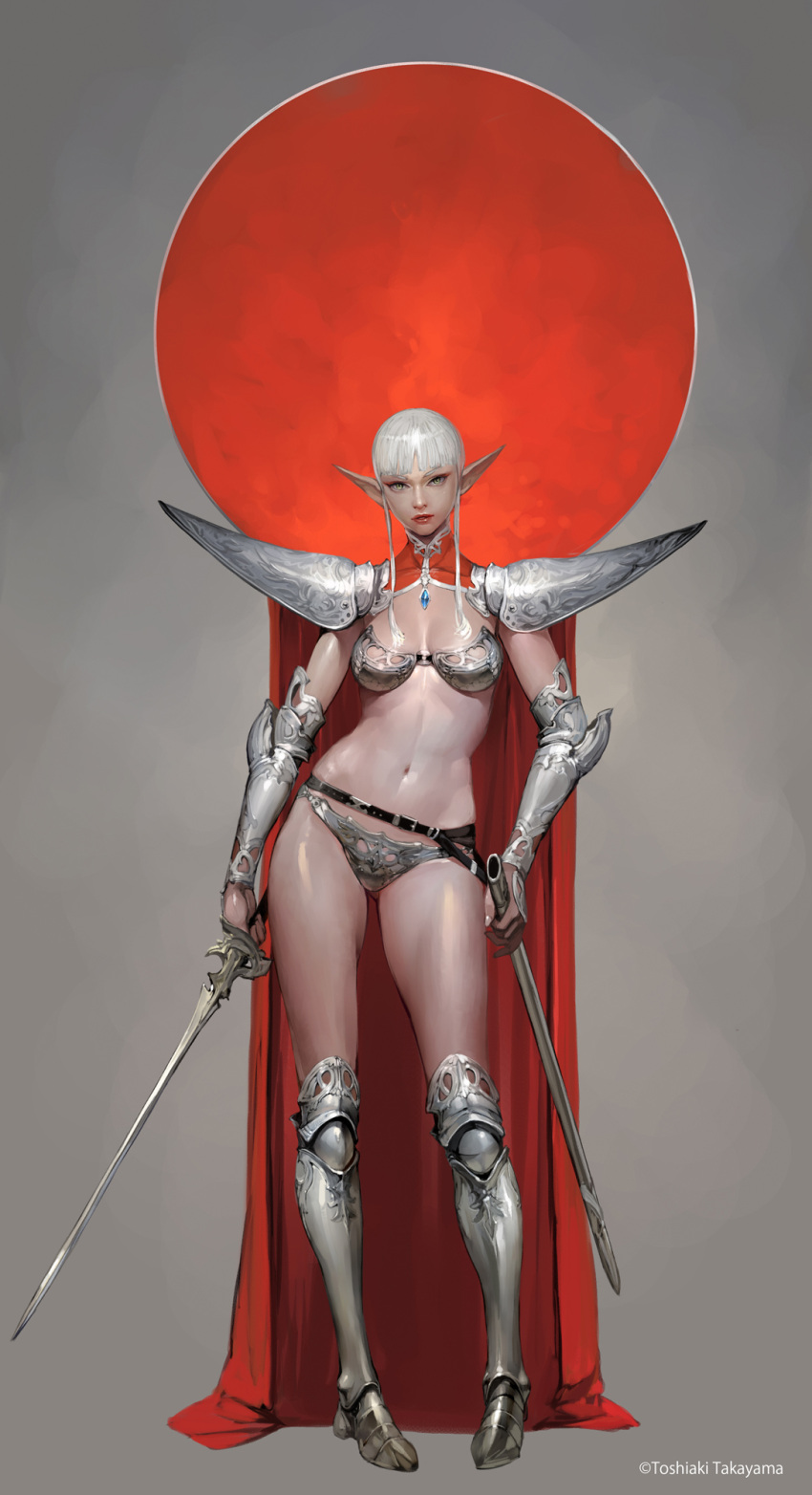 1girl armor armored_boots ass_visible_through_thighs belt bikini_armor boots cape cowter elf green_eyes highres lips lipstick looking_at_viewer makeup pauldrons pointy_ears rapier red_lipstick sheath short_hair solo sword takayama_toshiaki vambraces weapon