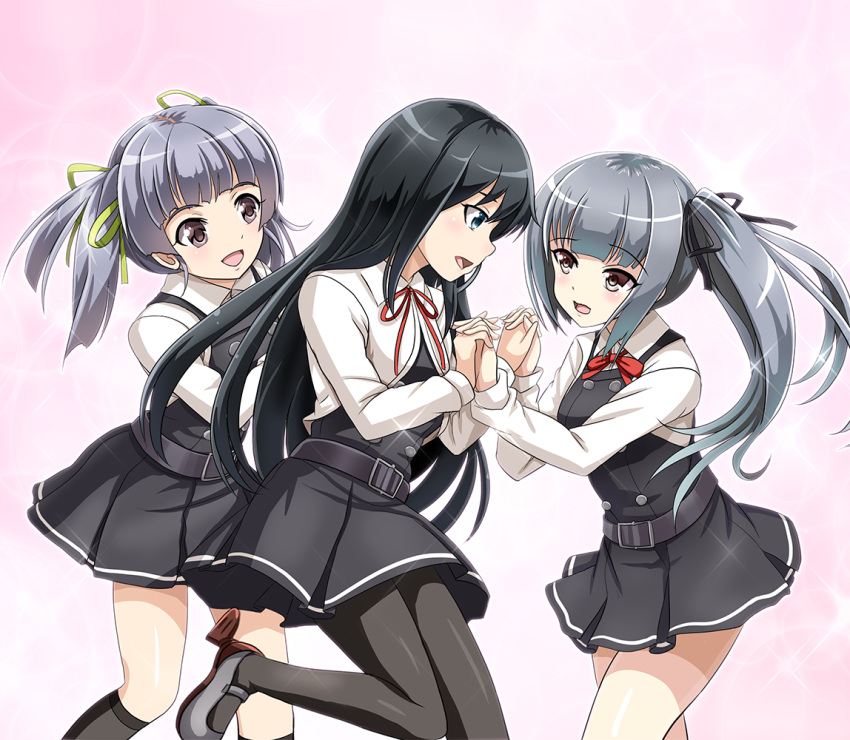 3girls :d aqua_eyes asashio_(kantai_collection) belt belt_buckle black_legwear black_ribbon bow bowtie brown_eyes buckle commentary_request dress eyebrows eyebrows_visible_through_hair girl_sandwich green_ribbon hair_bow hair_ribbon holding_hands kantai_collection kasumi_(kantai_collection) long_hair long_sleeves looking_at_another multiple_girls neck_ribbon one_leg_raised ooshio_(kantai_collection) open_mouth pantyhose pinafore_dress pink_background pleated_dress red_ribbon remodel_(kantai_collection) revision ribbon sandwiched school_uniform side_ponytail silver_hair simple_background smile tk8d32 twintails
