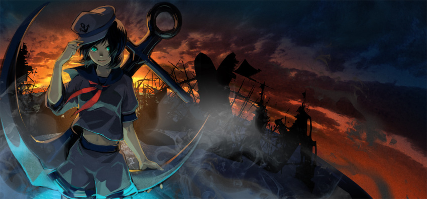 1girl anchor anchor_symbol black_hair clouds cloudy_sky fisheye fog green_eyes hand_on_headwear hat looking_at_viewer midriff murasa_minamitsu navel neckerchief parted_lips sailor_collar sailor_hat shipwreck shiroton_(kazamineko) short_hair shorts sky solo sunset touhou wind