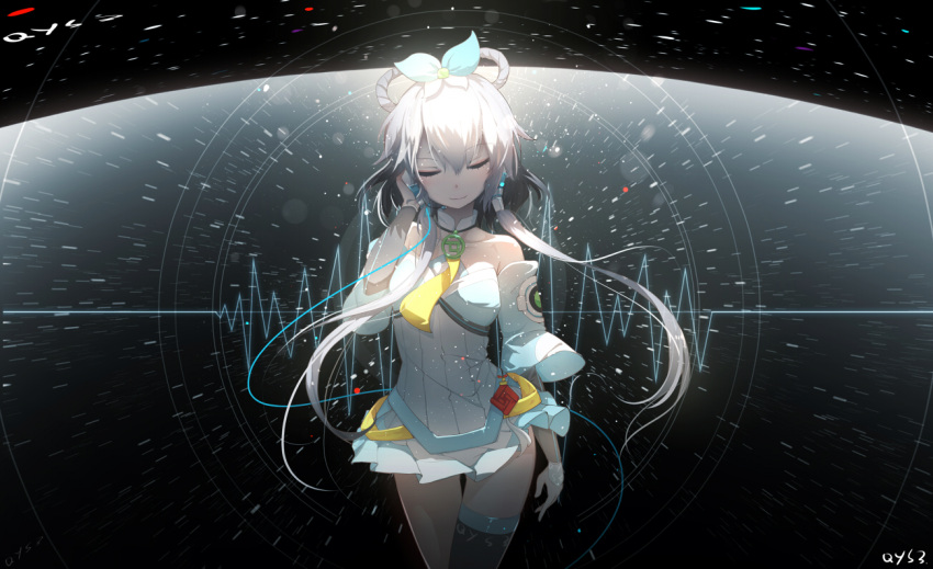 1girl artist_name bai_yemeng bare_shoulders choker closed_eyes collarbone cowboy_shot detached_sleeves dress long_hair luo_tianyi microphone pleated_skirt sidelocks silver_hair single_thighhigh skirt solo strapless strapless_dress thigh-highs vocaloid white_dress white_skirt