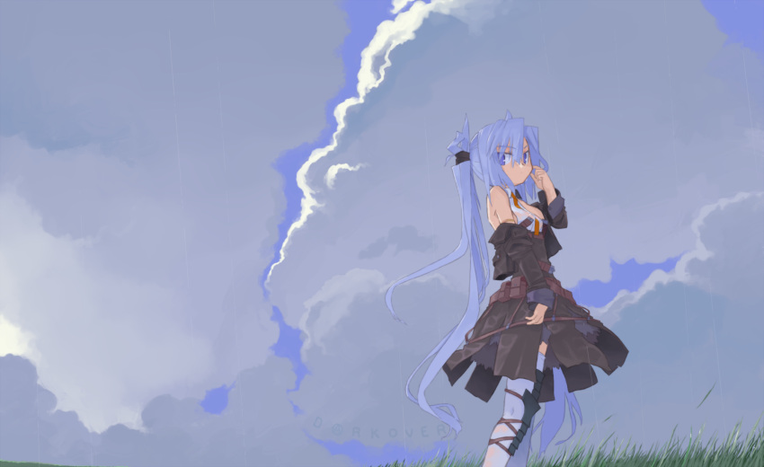 1girl armlet bare_shoulders belt belt_pouch blue_eyes blue_hair clouds cloudy_sky dress eyebrows eyebrows_visible_through_hair from_side grass hair_ribbon highres jacket knee_pads long_hair looking_at_viewer mof mof's_silver_haired_twintailed_girl necktie off_shoulder orange_necktie original pouch rain ribbon scratching_cheek see-through sky sleeveless solo thigh-highs twintails very_long_hair wet white_legwear