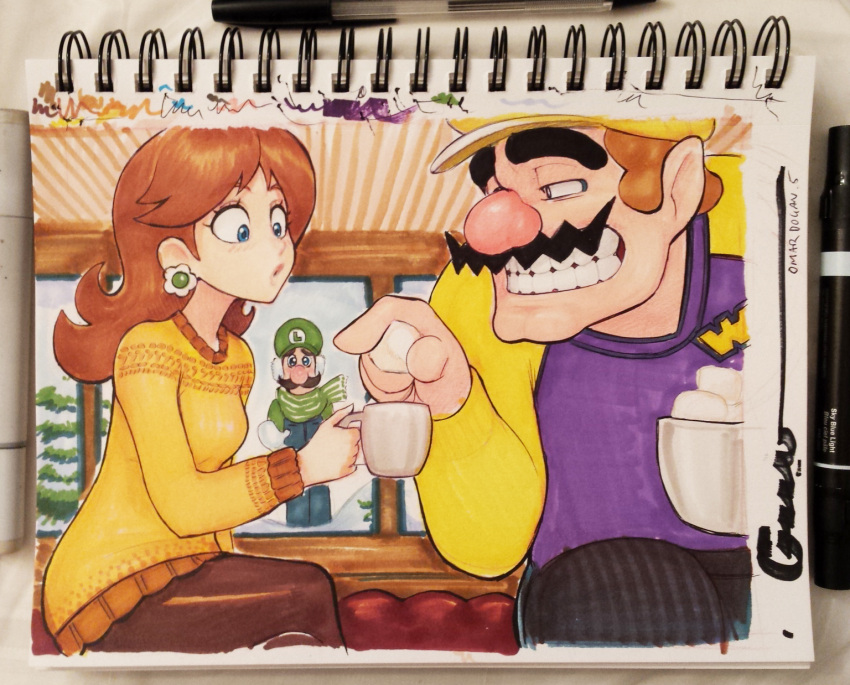 1girl 2boys :o against_window artist_name blue_eyes blush brown_hair cheating commentary couple cup earrings eyelashes facial_hair hat highres jewelry lips long_hair looking_down luigi super_mario_bros. mario_party marshmallow mittens mug multiple_boys mustache netorare omar_dogan pantyhose princess_daisy scarf signature sitting sketchbook sweater traditional_media wario window