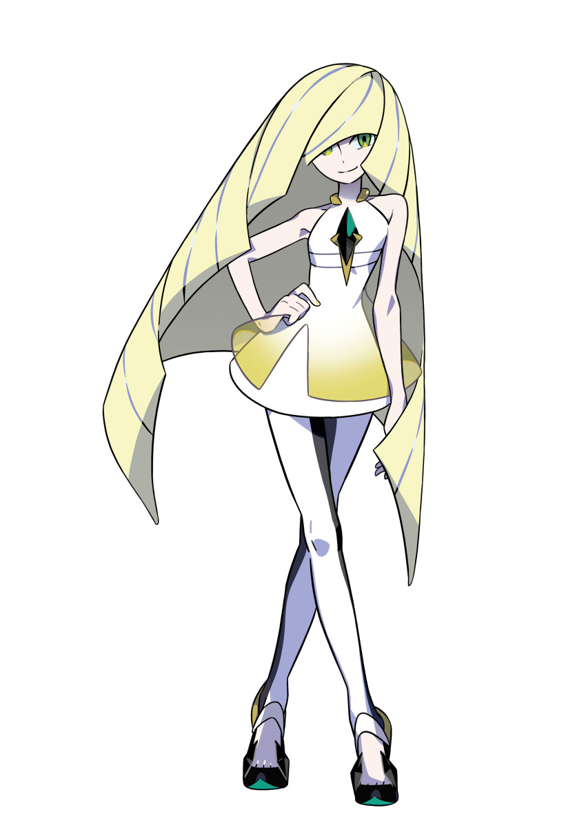 1girl absurdres blonde_hair commentary full_body green_eyes hair_over_one_eye hand_on_hip highres long_hair looking_at_viewer lusamine_(pokemon) official_art pokemon pokemon_(game) pokemon_sm sleeveless smile very_long_hair