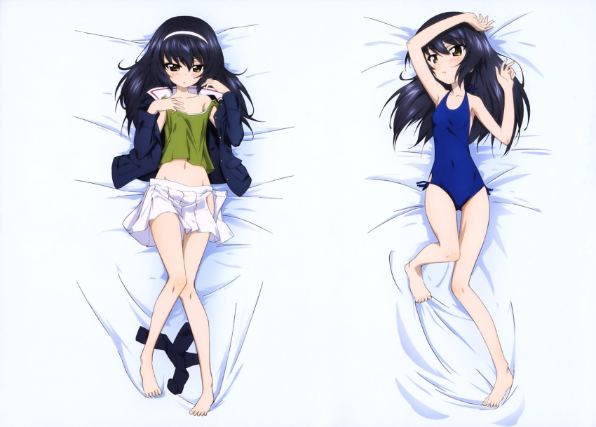 1girl arm_above_head armpits barefoot bed_sheet black_hair black_legwear blue_swimsuit breasts brown_eyes casual_one-piece_swimsuit collarbone covered_navel dakimakura eyebrows eyebrows_visible_through_hair from_above girls_und_panzer green_shirt hair_between_eyes hairband jacket long_hair lying official_art on_back one-piece_swimsuit open_clothes open_jacket open_skirt pleated_skirt reizei_mako shirt skirt small_breasts socks_removed solo swimsuit white_hairband white_skirt