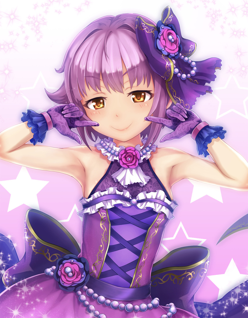 1girl artist_request bare_shoulders blush breasts brown_eyes corset dress eyebrows eyebrows_visible_through_hair flower hair_ornament highres idolmaster idolmaster_cinderella_girls idolmaster_cinderella_girls_starlight_stage koshimizu_sachiko pearl pointing purple_hair rose short_hair sleeveless small_breasts smile solo star