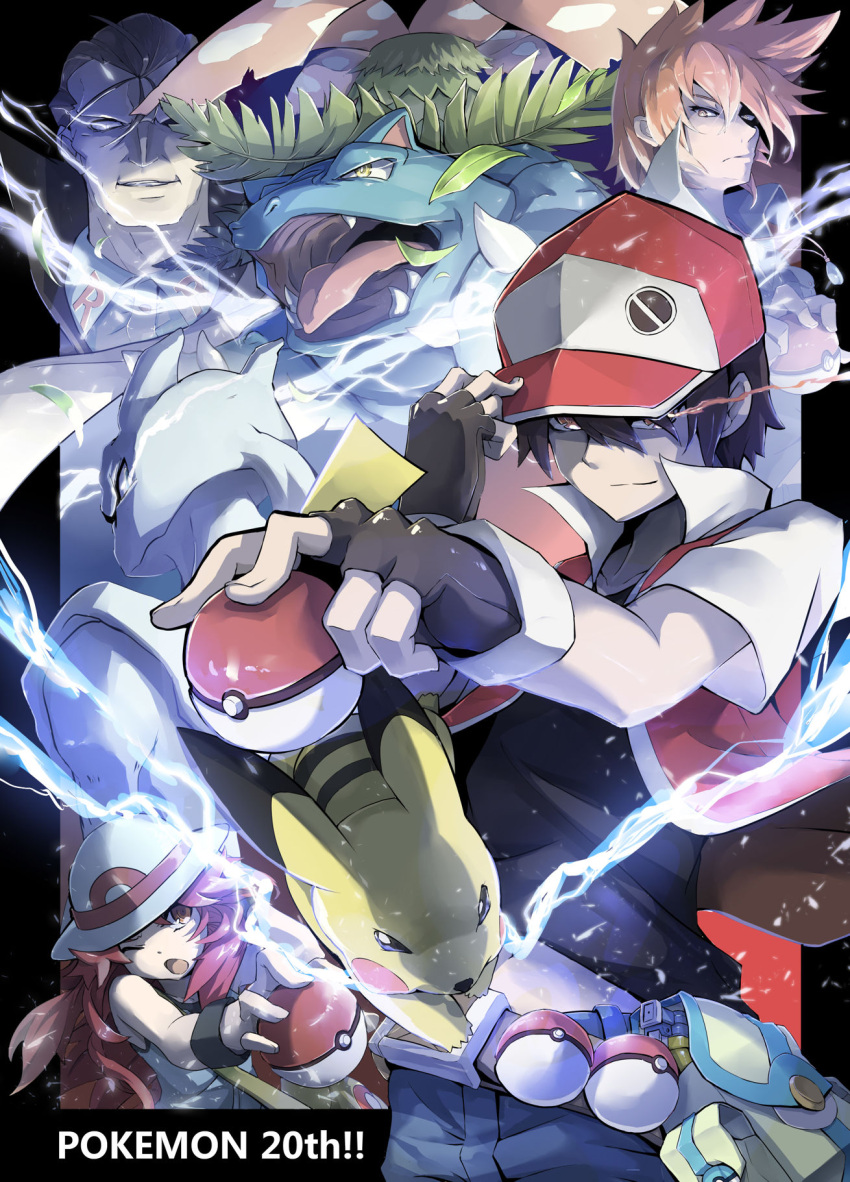 1girl 3boys anniversary baseball_cap blue_(pokemon) electricity fingerless_gloves foreshortening gloves hat highres jie_laite mewtwo multiple_boys ookido_green pikachu poke_ball pokemon pokemon_(creature) pokemon_(game) pokemon_frlg pokemon_rgby red_(pokemon) red_(pokemon)_(classic) sakaki_(pokemon) venusaur