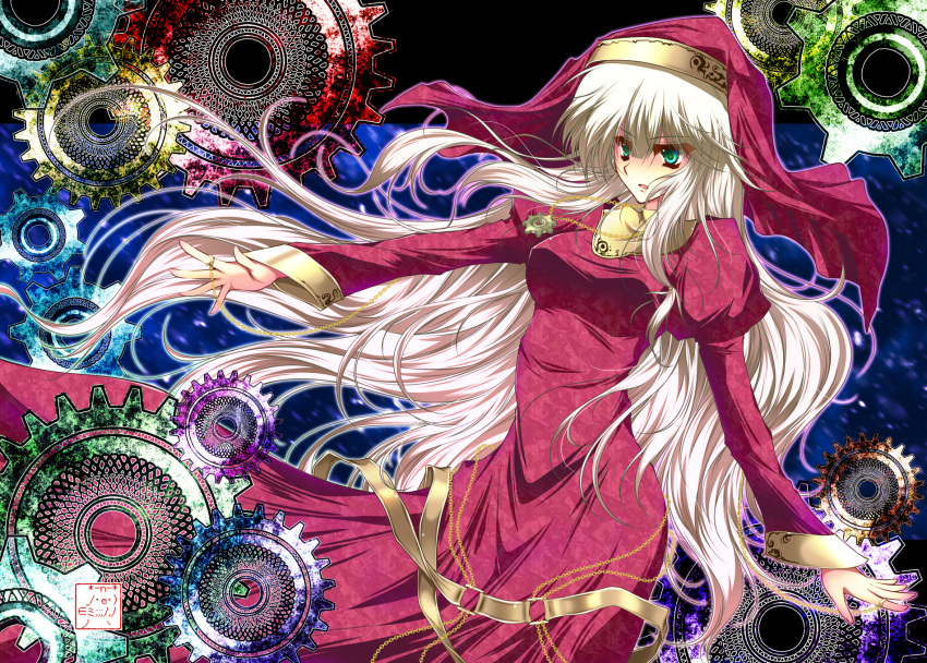 blonde_hair commentary_request danshaku gears green_eyes highres jewelry necklace nun original parted_lips puffy_sleeves wide_sleeves wind