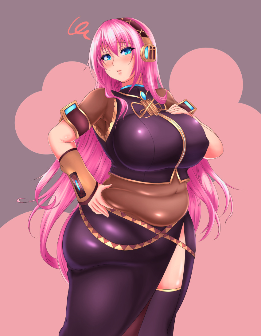 1girl absurdres armpit_peek armpits belly_grab blue_eyes blush breasts commentary covered_navel crop_top detached_sleeves fat fat_folds headphones highres hips huge_breasts kukuru lips long_hair long_skirt megurine_luka older pink_hair plump sheer_clothes skirt solo squiggle thick_thighs thighs very_long_hair vocaloid weight_conscious