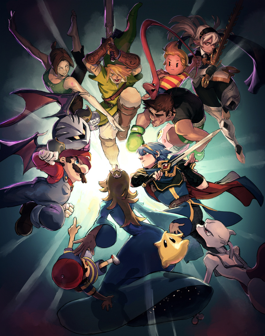3girls 6+boys armor back barefoot baseball_cap battle boxing_gloves boxing_shorts cape capri_pants chiko_(mario) crown dress facial_hair female_my_unit_(fire_emblem_if) fingerless_gloves fire_emblem fire_emblem:_mystery_of_the_emblem fire_emblem_if gloves hat highres jigglypuff kirby kirby_(series) link little_mac lucas mario super_mario_bros. marth mewtwo mother_(game) mother_2 mother_3 multiple_boys multiple_girls mustache my_unit_(fire_emblem_if) ness nintendo pale_skin pants pokemon pokemon_(creature) pokemon_(game) punch-out!! rope_snake rosetta_(mario) shirt shorts snake striped striped_shirt super_mario_bros. super_mario_galaxy super_smash_bros. sword the_legend_of_zelda the_legend_of_zelda:_twilight_princess tiara toeless_legwear weapon wii_fit wii_fit_trainer yossra