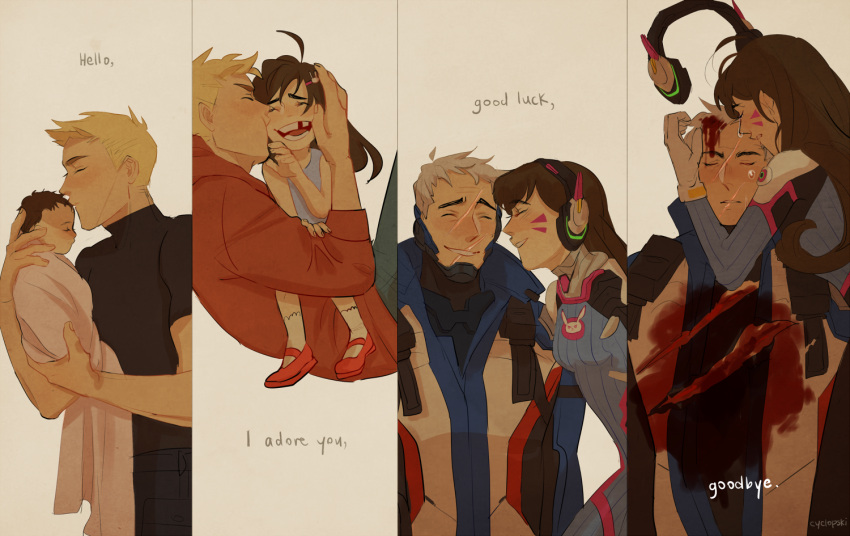 1boy 1girl artist_name baby bangs blonde_hair blood blood_on_face bloody_clothes blue_shirt bodysuit bracer breasts brown_hair bunny_hair_ornament bunny_print cheek_kiss child closed_eyes commentary cup d.va_(overwatch) english facepaint facial_mark forehead_kiss gloves hair_ornament hairclip happy headphones headphones_removed holding holster injury jacket kiss long_hair long_sleeves mask mug no_mask open_mouth overwatch pants pauldrons pilot_suit red_shoes ribbed_bodysuit sad scar scar_across_eye shirt shoes short_hair short_sleeves shoulder_pads sleeveless sleeveless_shirt small_breasts smile soldier:_76_(overwatch) teardrop tears teeth torn_clothes torn_jacket turtleneck upper_body wazo whisker_markings white_gloves white_hair white_legwear younger