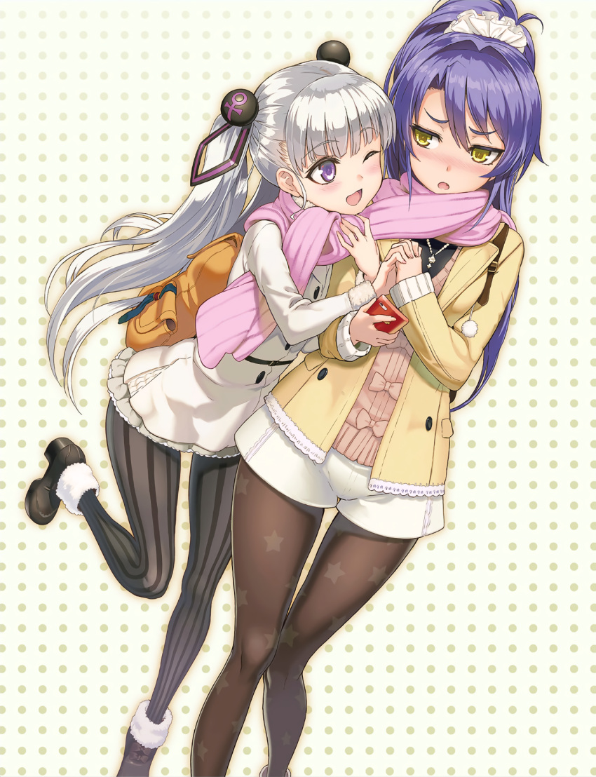 2girls ;d backpack bag black_legwear blush boots breasts brown_legwear casual cellphone dutch_angle flat_chest fur_trim hair_ornament highres holding_hands interlocked_fingers jacket jewelry multiple_girls naruse_maria necklace nonaka_kurumi nose_blush one_eye_closed ookuma_(nitroplus) open_mouth pantyhose phone pink_scarf polka_dot polka_dot_background pom_pom_(clothes) ponytail purple_hair scarf scrunchie shared_scarf shinmai_maou_no_testament short_shorts shorts silver_hair simple_background small_breasts smartphone smile standing standing_on_one_leg star star_print striped striped_legwear twintails vertical-striped_legwear vertical_stripes violet_eyes yellow_eyes